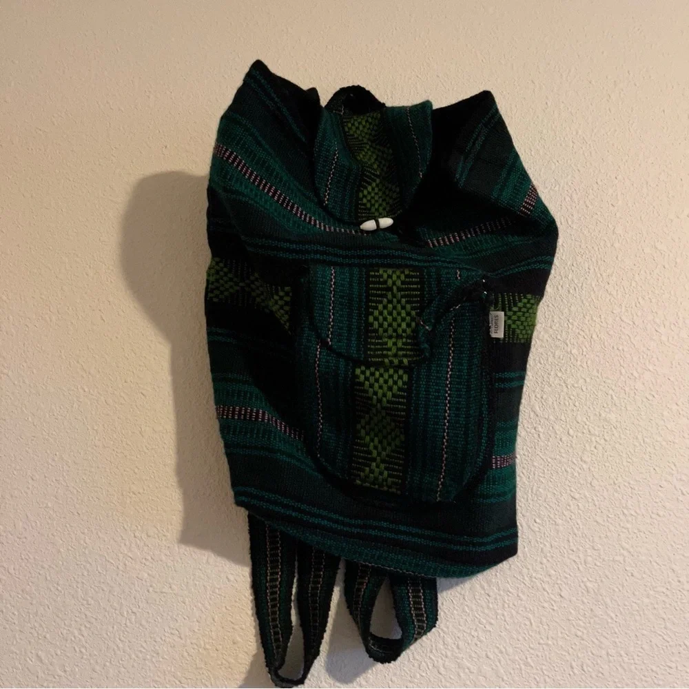 Hispanic / Latin American Green Plaid Print Knit Canvas Backpack